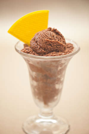 Chocolate ice cream in a glass with with waffle decorationの写真素材
