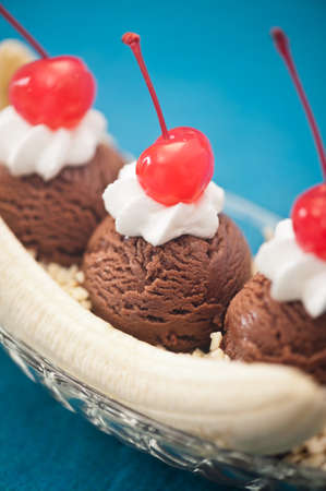 Banana Split Ice Cream with Cherry decorationの写真素材
