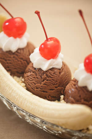 Banana Split Ice Cream with Cherry decorationの写真素材