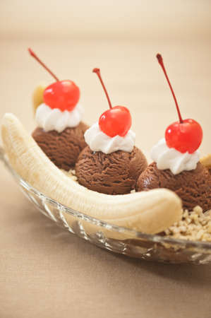 Banana Split Ice Cream with Cherry decorationの写真素材