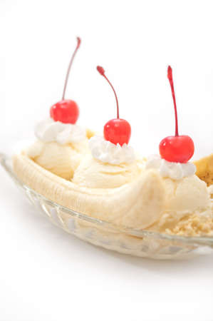 Banana Split Ice Cream with Cherry decorationの写真素材