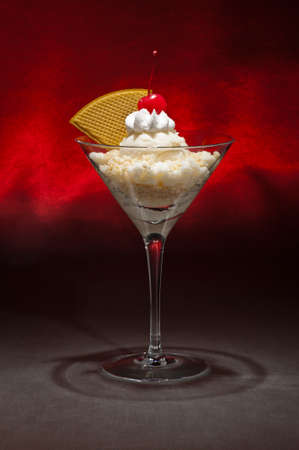 Vanilla ice cream in a Martini glass with with waffle decorationの写真素材