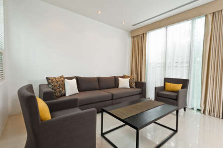 Bright Living room with grey sofa armchair combinationの写真素材