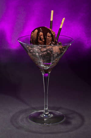 Chocolate ice cream in a Martini glass with with decorationの写真素材