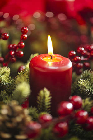 Advent wreath over red background with winter rose and berriesの写真素材