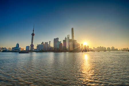 China Shanghai Pudong district Skyline during sunriseのeditorial素材
