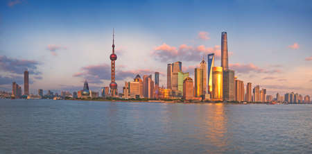China Shanghai Pudong district Skyline during sunsetのeditorial素材