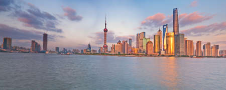 China Shanghai Pudong district Skyline during sunsetのeditorial素材