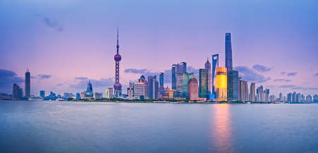 China Shanghai Pudong district Skyline during sunsetのeditorial素材