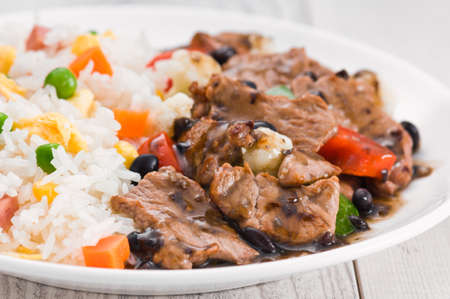 Vegetable beef fried rice with black bean sauceの写真素材