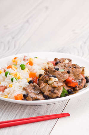 Vegetable beef fried rice with black bean sauceの写真素材