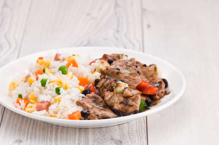 Vegetable beef fried rice with black bean sauceの写真素材