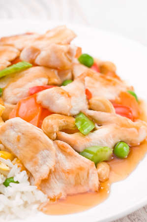 Chicken Cashew Rice dish over bright surfaceの写真素材