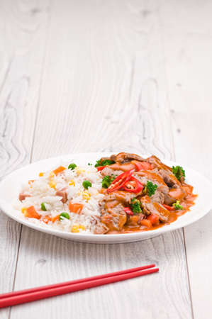 Thai Chili Beef dish over bright surfaceの写真素材