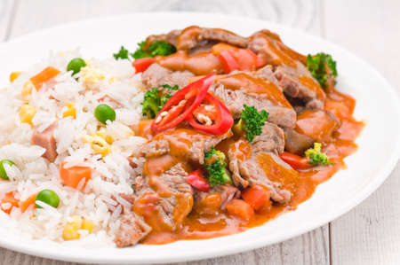 Thai Chili Beef dish over bright surfaceの写真素材