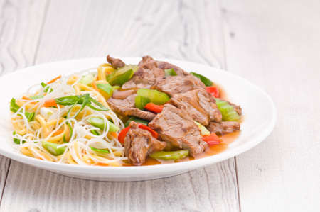 North Asian dish Mongolian Noodles with Beefの写真素材