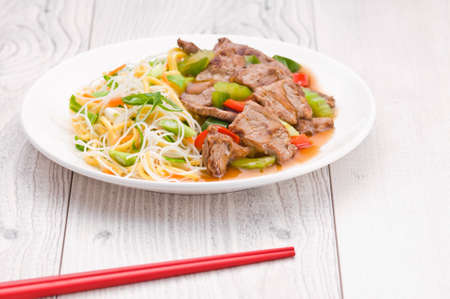 North Asian dish Mongolian Noodles with Beefの写真素材