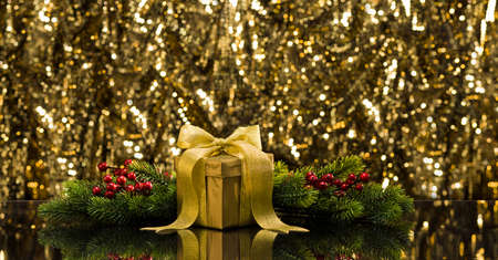 Gold present and Christmas tree branches in front of a sparkling backgroundの写真素材