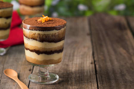 Tiramisu dessert on a wooden rustic tableの写真素材