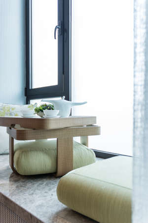 Prepared tea ceremony in a window niche bright lightedの写真素材