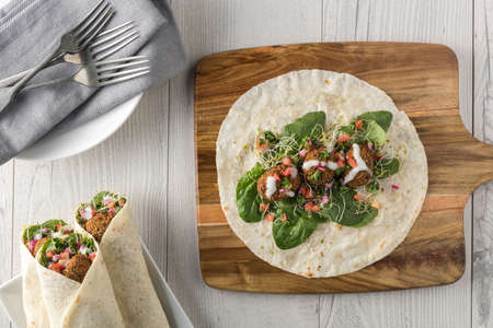 Vegan Falafel Wrap With Salsa and saladの写真素材