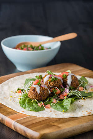 Vegan Falafel Wrap With Salsa and saladの写真素材