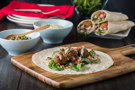 Vegan Falafel Wrap With Salsa and saladの写真素材