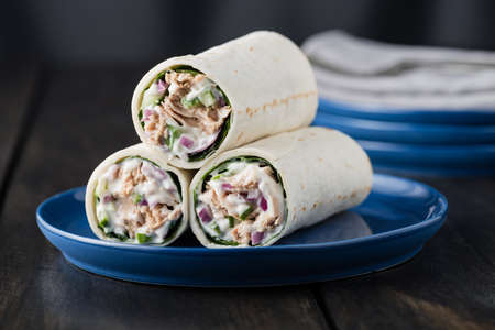 Tuna burritos with cucumber red onion and mayonnaise on rustic backgroundの写真素材