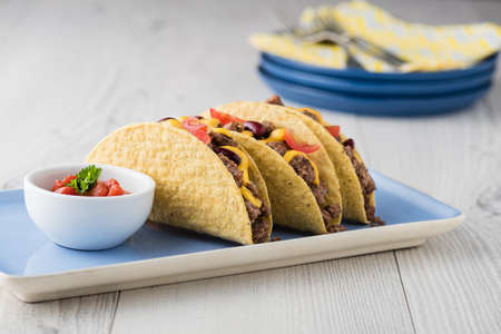 Beef tacos with salsa,cheddar cheese, tomato and beansの写真素材