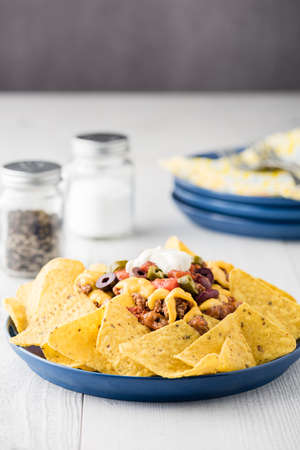 Beef nachos with  jalapeno, olives, tomato, beans cheddar cheese and sour creamの写真素材