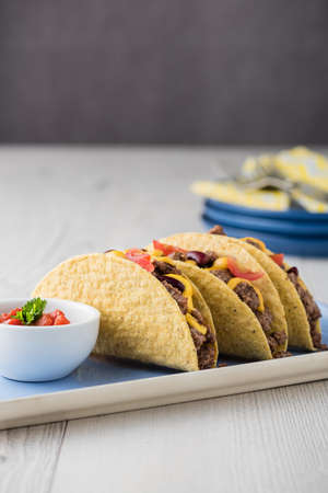 Beef tacos with salsa,cheddar cheese, tomato and beansの写真素材