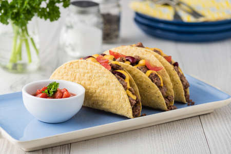 Beef tacos with salsa,cheddar cheese, tomato and beansの写真素材