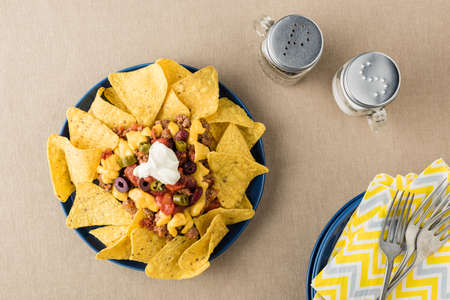 Nachos with beef, jalapeno peppers, olives, tomato, beans, cheese and sour creamの写真素材
