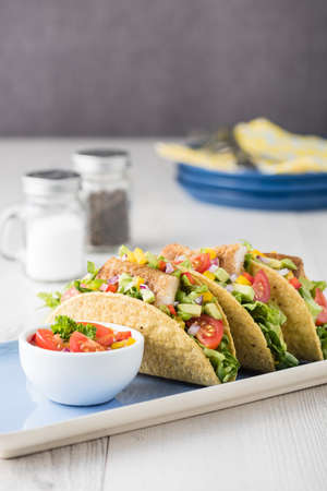 Fish tacos shell with tomato, beans, capsicum and avocado salsaの写真素材