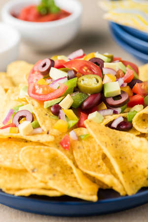 Vegetarian nachos tomato, beans, capsicum, avocado, olive, jalapeno and dipping saucesの写真素材