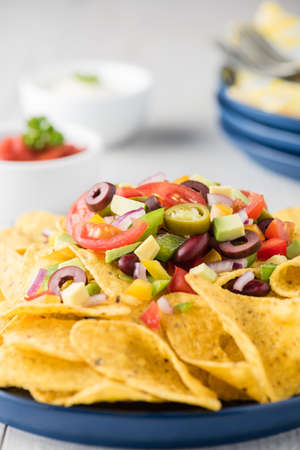 Vegetarian nachos tomato, beans, capsicum, avocado, olive, jalapeno and dipping saucesの写真素材
