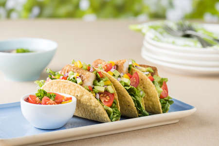 Fish tacos shell with tomato, beans, capsicum and avocado salsaの写真素材