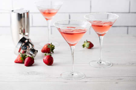 Fresh home made strawberry margarita cocktails with strawberryの写真素材