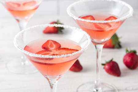 Fresh home made strawberry margarita cocktails with strawberryの写真素材