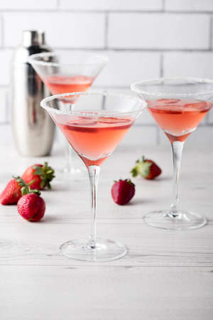 Fresh home made strawberry margarita cocktails with strawberryの写真素材
