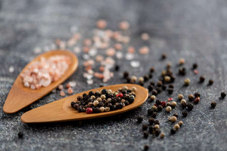 Himalayan Salt and red as well black pepper cornの写真素材