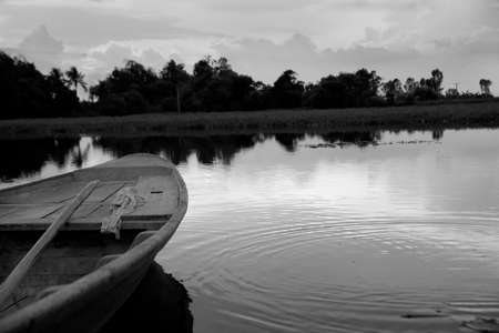 Black and white boat in a pond. Natural trees and sky.の写真素材