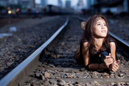 fashion portrait beauty asian girl in train station.portrait fashion outdoor.
の写真素材