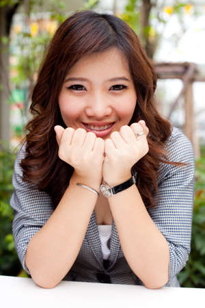 thai girl shy pretending , girl color black hair.