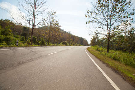 Road trip to the mountains. There are trees and mountains on both sides of the road along the way.
