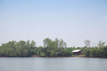 House along the river. The trees around the house. But with a pool in front of the house.の写真素材