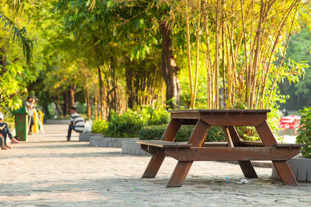 Table on the sidewalk. Within the zoo. People to stroll and relax during the holidays.の写真素材