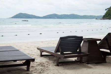 wooden bed was subjected to on the beach. Facing out to sea.の写真素材