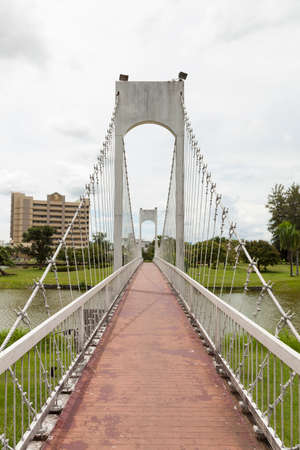 Bridge over lake in the park. Side with grass and small bushes.の写真素材