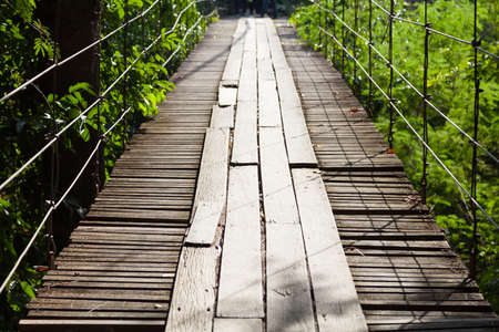 Suspension Bridge made of wood. Walking through the trees above a waterfall below.の写真素材